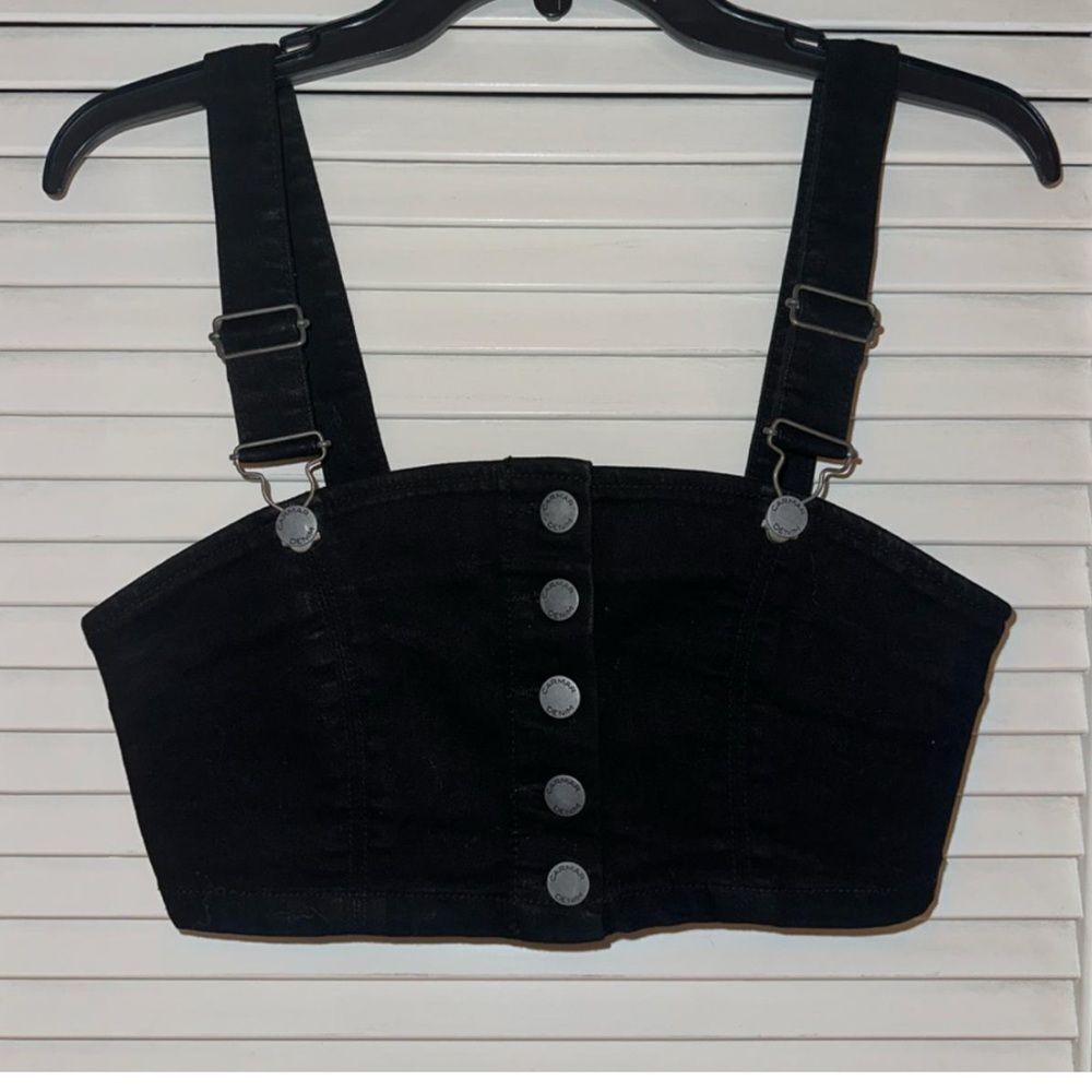 Carmar denim crop top Black Button-Front Crop Bustier Adjustable Straps 10